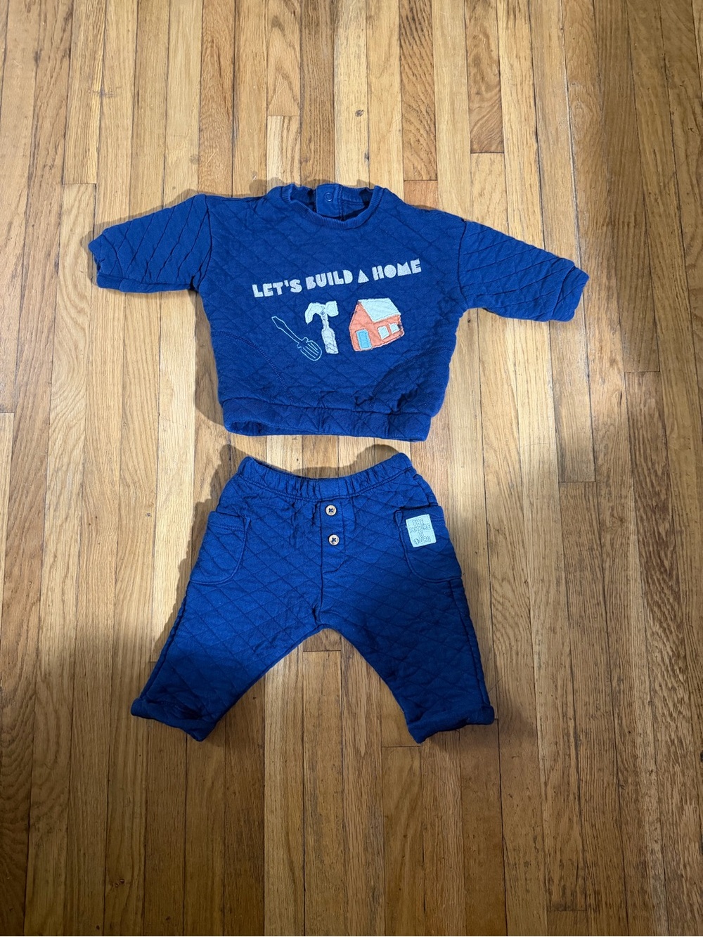 M+S 3/6M Navy Quilted Baby Set "Let's Build a Home"